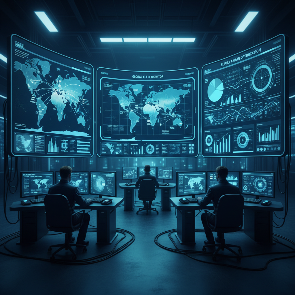 Chuyên viên quản lý vận tải theo dõi mạng lưới vận chuyển toàn cầu trên bản đồ kỹ thuật số với tàu biển và container.